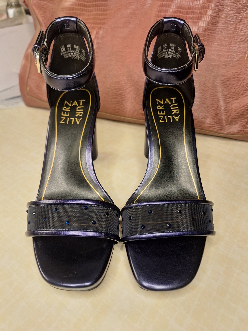 Naturalizer Black Ankle-Strap Block Heels with Beaded Front